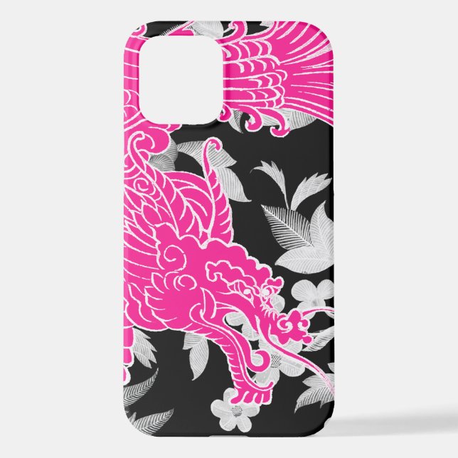 Coque iPhone Dragon asiatique - Rose sur Floral noir (Verso)