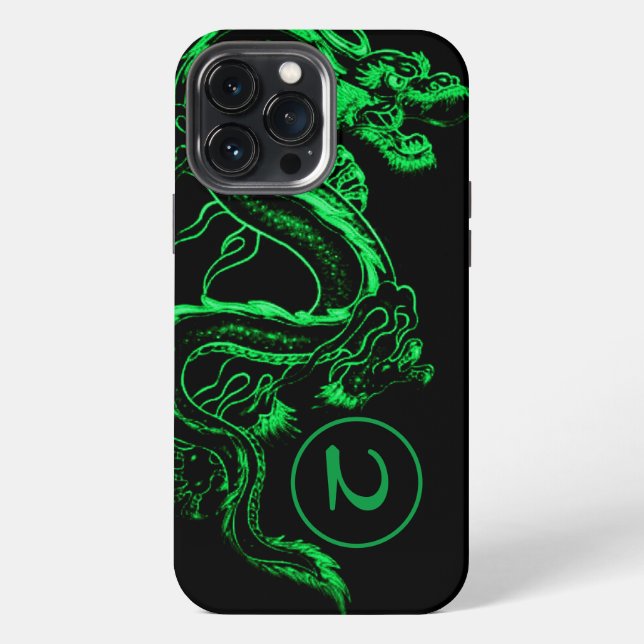 Coque iPhone Dragon Asiatique Vert Monogrammé  (Verso)