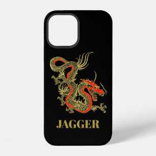 Coque iPhone 12 Dragon Chinois Fantastique Or Rouge Noir