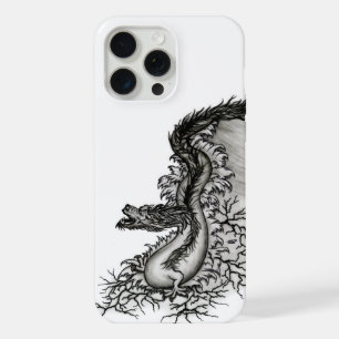 Coque iPhone 15 Pro Max Dragon de Chine, dessin noir et blanc dans le styl