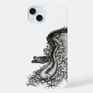 Coque iPhone 15 Plus Dragon de Chine, dessin noir et blanc dans le styl