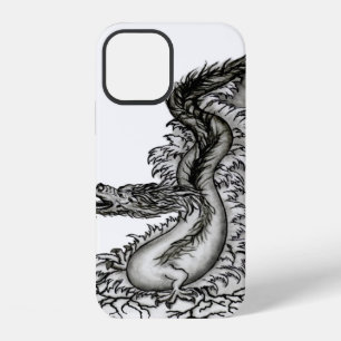 Coque iPhone 12 Dragon de Chine, dessin noir et blanc dans le styl