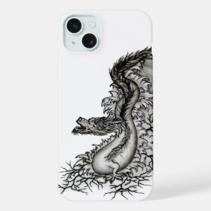 Coque iPhone 15 Plus Dragon de Chine, dessin noir et blanc dans le styl