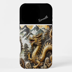 Coque iPhone 16 Pro Max Dragon d'or ascendant