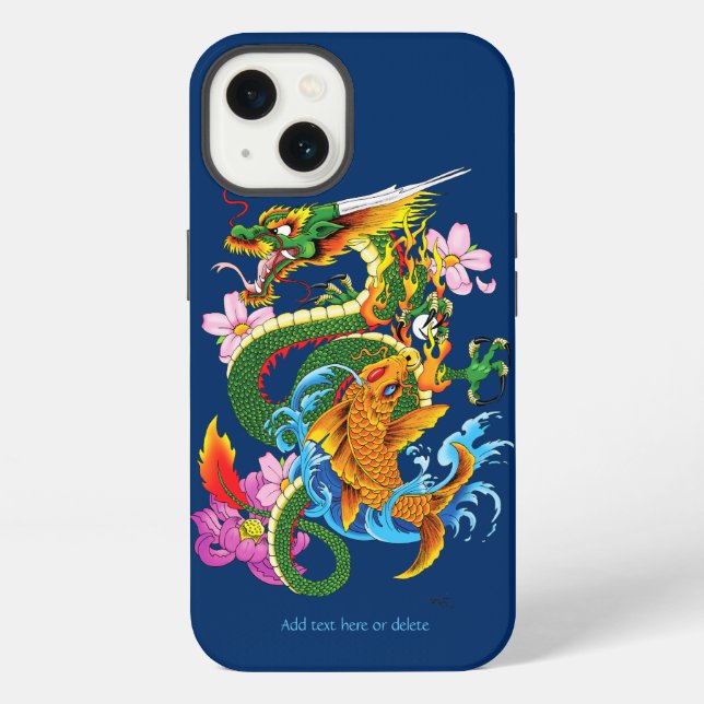 Coque iPhone Dragon Japonais Koi Lotus Mythique Asien Bleu (Verso)