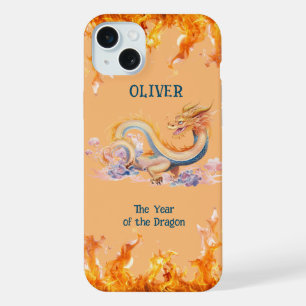 Coque iPhone 15 Plus Dragon Monogramme Chinois Zodiaque Orange Tendance