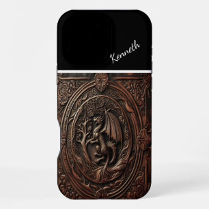 Coque iPhone 16 Pro Max Dragon sculpté dans le cuir