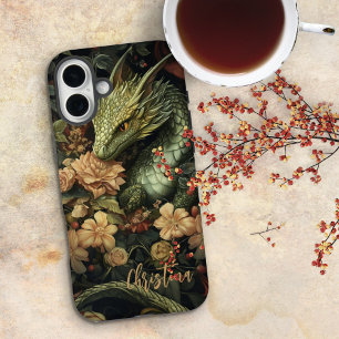 Coque iPhone 16 Plus Dragon Vert Enchanté avec Élégant Arrangement Flor
