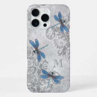 Coque iPhone 16 Pro Max Dragonlies vintages Grunge Damask avec Monogramme