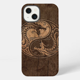 Etui iPhone 13 Dragons Yin Yang avec effet de grain de bois