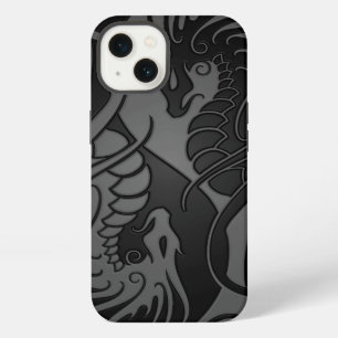 Etui iPhone 13 Dragons Yin Yang volants gris et noirs