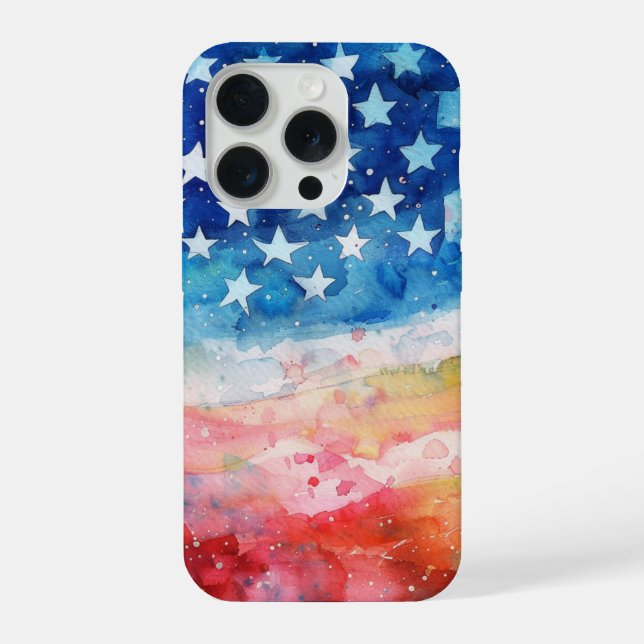 Coque iPhone Drapeau américain à l'aquarelle rouge blanc et ble (Verso)