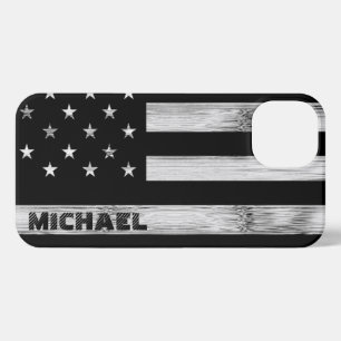 Etui iPhone 13 Drapeau américain Bois rustique Noir Blanc Monogra