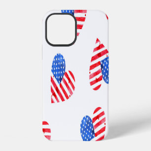 Coque iPhone 12 Drapeau américain cœurs aquarelle sans couture.