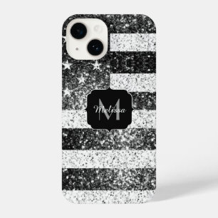 Coque Pour iPhone 14 Drapeau américain noir blanc brillant argent Monog