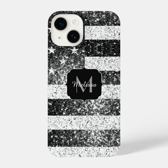 Coque iPhone Drapeau américain noir blanc brillant argent Monog (Verso)