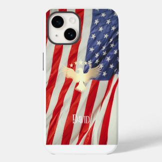 Coque Pour iPhone 14 Drapeau américain patriotique Aigle d'or Nom perso