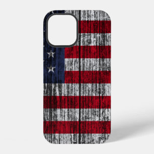 Coque iPhone 12 Drapeau américain peint sur fond de clôture.4ème,