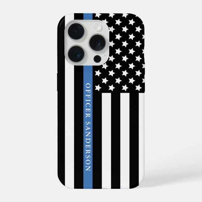 Coque iPhone Drapeau américain Police Thin Blue Line nom de l'a (Verso)