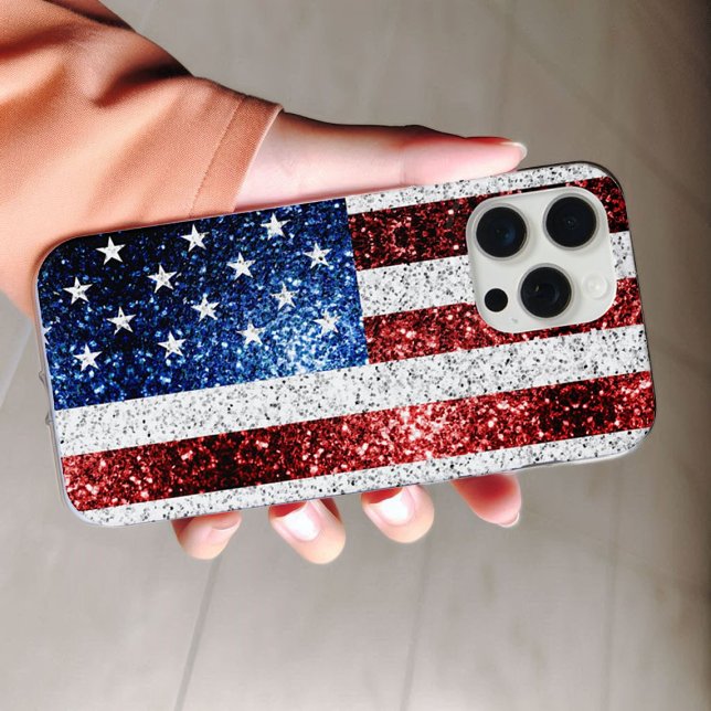Coque iPhone Drapeau américain rouge blanc bleu scintillements  (Sparkle up and protect your phone with trendy faux sparkles phone case. In many different colors.)