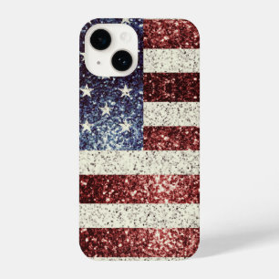Coque Pour iPhone 14 Drapeau américain rouge rustique or bleu scintilla