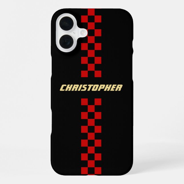Coque iPhone Drapeau de course à carreaux rouge et noir avec mo (Verso)
