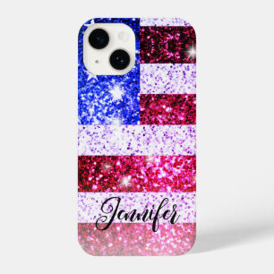 Coque Pour iPhone 14 Drapeau USA Pink blue America faux sparkle Votre n