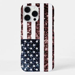 Coque iPhone 16 Pro Max Drapeau USA rustique rouge bleu faux paillettes bl