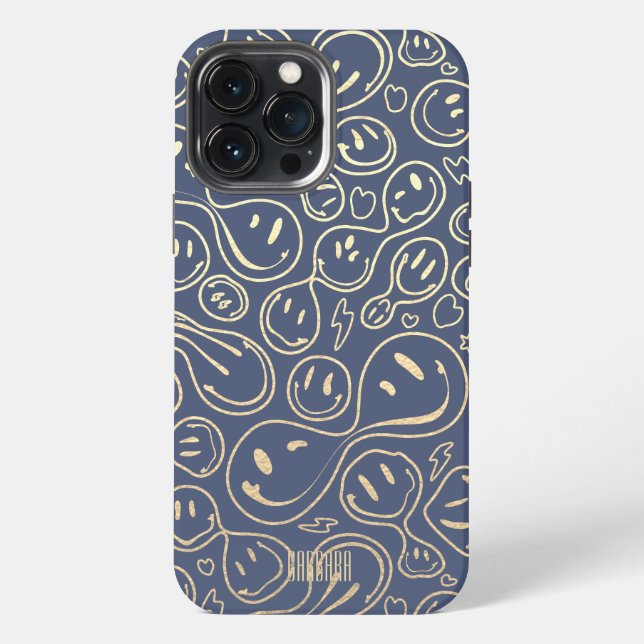 Coque iPhone Dusty Blue Gold Smile Sourire Visage Motif moderne (Verso)