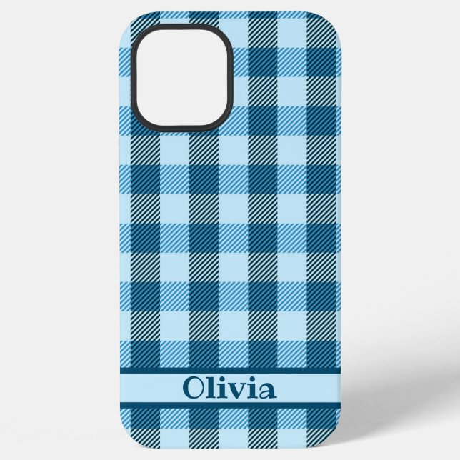 Coque iPhone Écossais bleu moderne simple nom (Verso)