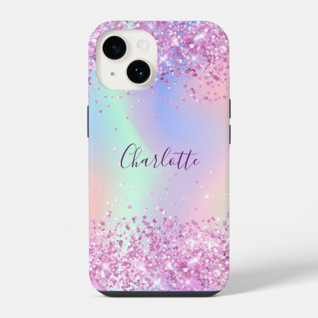Coque iPhone Écriture de nom holographique rose violet (Verso)