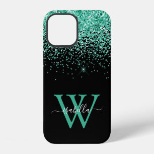 Coque iPhone 12 Écriture élégante avec paillettes sarcelle