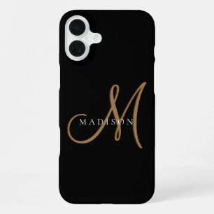 Coque iPhone 16 Plus Écriture monogramme noire et or élégante et stylée