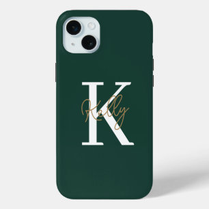 Coque iPhone 15 Plus Écriture Monogramme Vert Émeraude Moderne