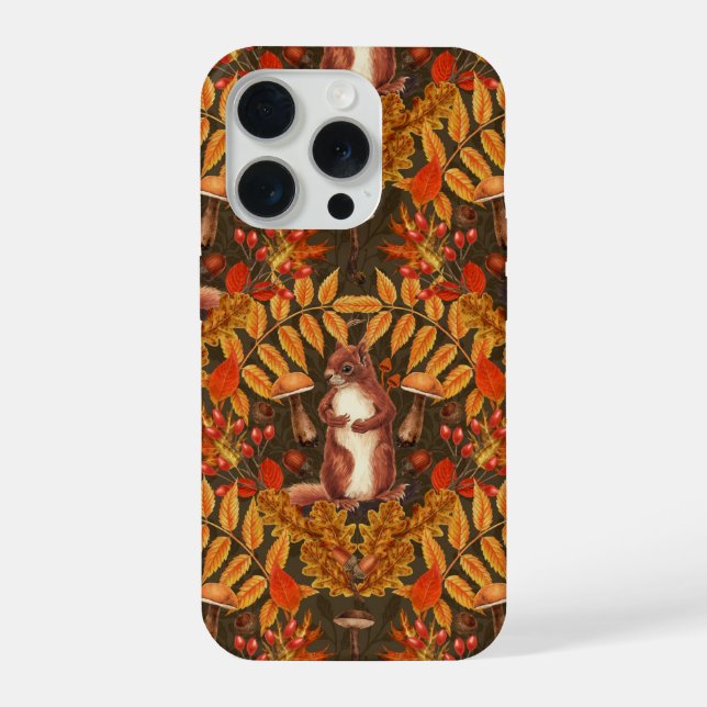 Coque iPhone Écureuil d'automne sur fond brun foncé (Verso)