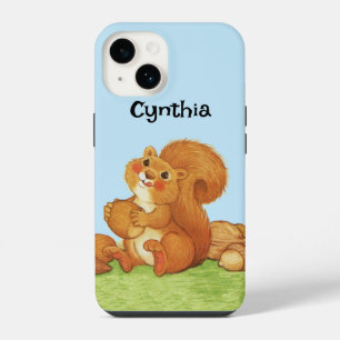 Coque Pour iPhone 14 Écureuil rouge mignon Stash nuts Grass bleu