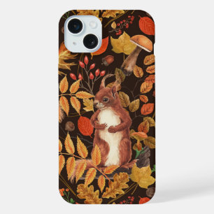 Coque iPhone 15 Plus Écureuils automnaux et flore sur fond brun foncé