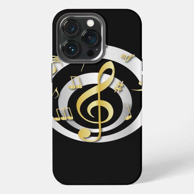 Coque iPhone Effet 3D Rétro Notes de Musique en Or et Argent (Dos)