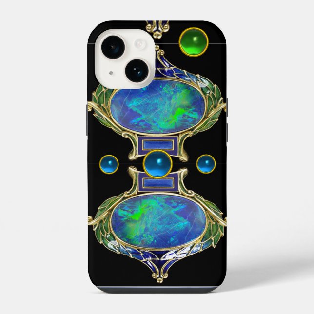 COQUE iPhone EFFET OPAL BLEU VERT ABSTRAIT AVEC DES PIERRES À J (Verso)