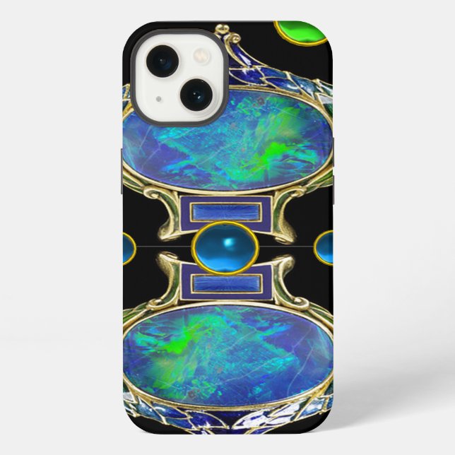 COQUE iPhone EFFET OPALE BLEU VERT ABSTRAIT AVEC GEMMES (Verso)