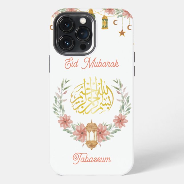 Coque iPhone Eid Moubarak | Ramadan Calligraphie Dorée Fleurs (Verso)
