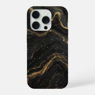 Coque iPhone 15 Pro Élégance de marbre noir ✨ Veine d'or abstraite de