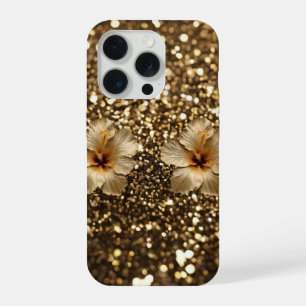 Coque iPhone 15 Pro Élégance Dorée : Hibiscus Doré Scintillant