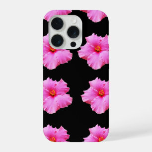 Coque iPhone 15 Pro "Élégance florale : fleurs d'Hibiscus rose sur fon