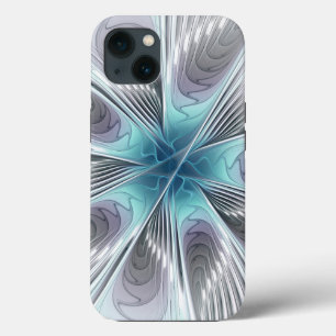 Etui iPhone 13 Élégance Moderne Fleur d'Art Fractal Bleu Gris Bla