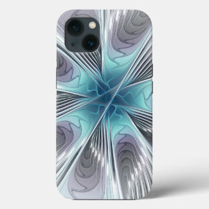 Etui iPhone 13 Élégance Moderne Fleur d'Art Fractal Bleu Gris Bla