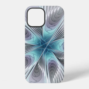 Coque iPhone 12 Élégance Moderne Fleur d'Art Fractal Bleu Gris Bla