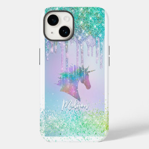 Coque Pour iPhone 14 Elégant aqua Unicorn Parties scintillant Drives mo