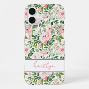 Coque iPhone 16 Plus Élégant Aquarelle Fleurie Personnalisée Rose Pâle