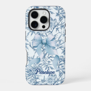 Coque iPhone 16 Pro Elégant arc bleu toile de jouy monogramme floral
